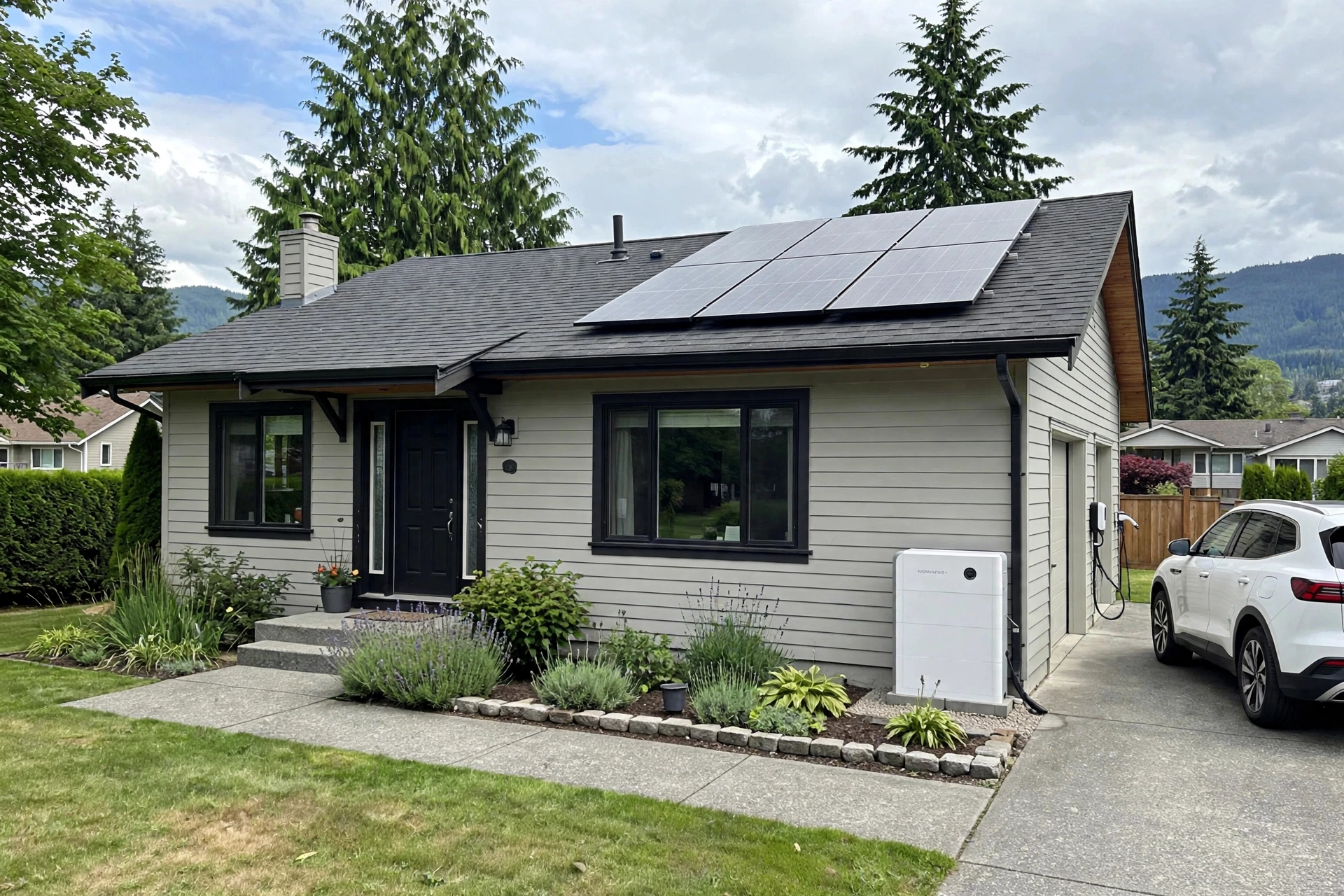 Grey family home with rooftop solar, home battery storage and an electric vehicle charger beside the driveway